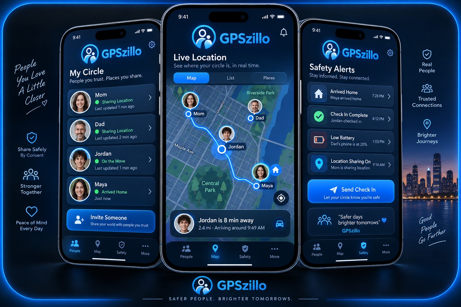 GPSzillo mobile location sharing app interface